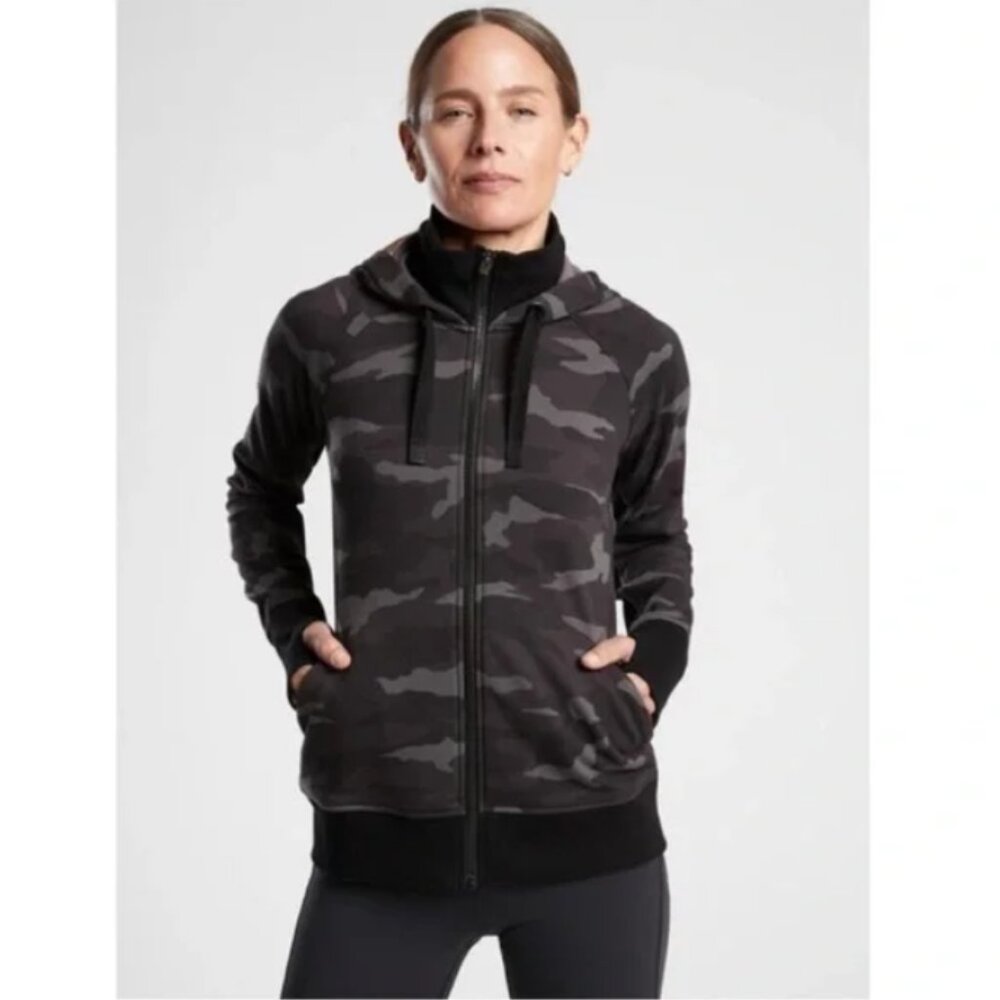 Athleta Triumph black gray‎ camo printed zip up hoodie sweatshirt XL